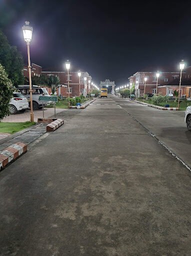 Guest house grounds lit up at night